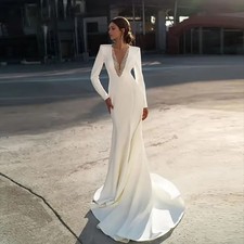 Elegant Long Sleeve V Neck Mermaid Wedding Dress Satin Fit And Flare Bridal Gown