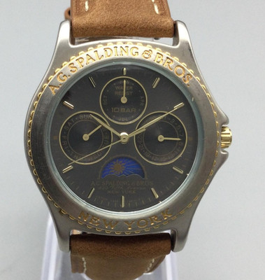 A.G. Spalding & Bros Moon Phase Watch Mens 36mm Black Dial 10BAR New Battery