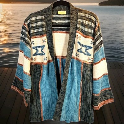Vintage 70s Aztec Cardigan Sweater  Womens Medium Retro Boho Cabincore Teal Gray