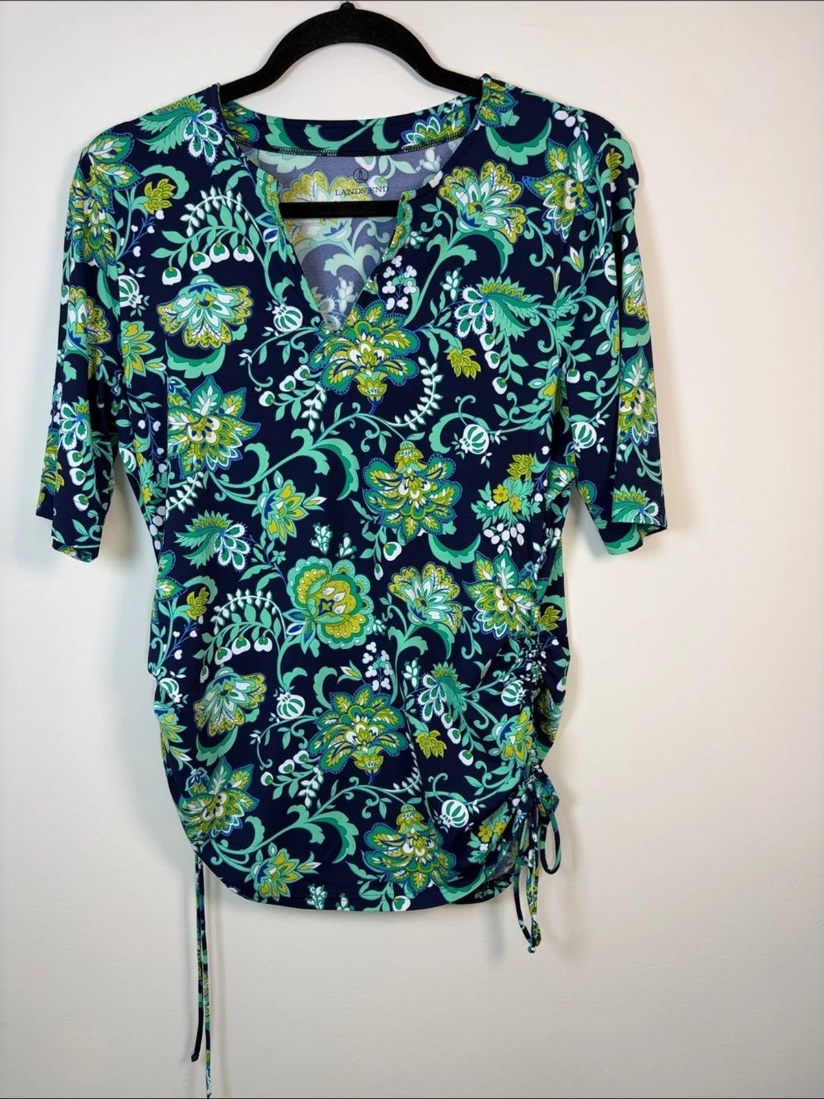 Women’s Lands End Sun Shirt Rash Guard UPF Navy Floral V-Neck Side Tie - S