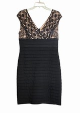 Adrianna Papell Black/Tan Lace Overlay Tiered Ruffle V-Neck Sheath Dress Sz 14P