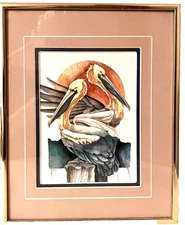 Paul Brent Art Print Coastal Pelicans Framed, Matted, Under Glass 10"H, 8"W Vtg