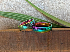 Set of Mens Women's Couples Wedding Bands Rings Silver Blue Trim Stainless Steel
