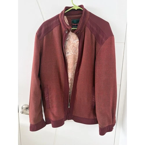 Liquid Mens Burgundy Textured Zip Up Bomber Jacket Map Print Lining Size L - product listing photo