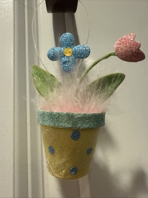 Pier 1 One VTG Flowerpot Ornament DOTS Easter Spring Glittr Feathers RARE VGUC