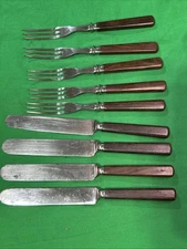 Antique 9 pcs Meriden Cutlery Co. Dinner Knives & Forks Bakelite  ? Handles