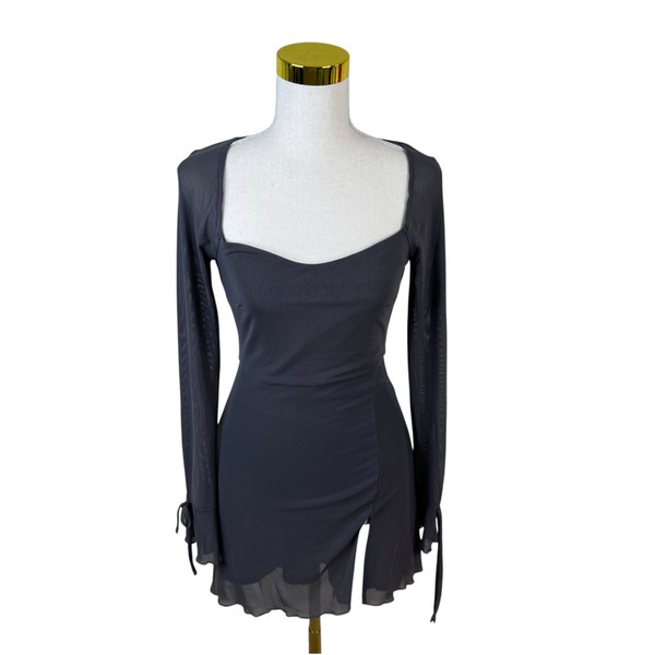 Luvalot Dress 8 Grey Mini Long Sleeve Sheer Overlay Split Hem Party Club