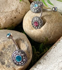 Vintage Shield CZ Gem Belly Ring Pierced Navel 14g Aurora Borealis, Pink, Aqua