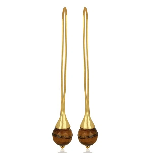Ojo de Tigre Piedra Preciosa Larga Orgánica Bola Gota Chapado en Oro Gancho Largo Pendiente Joyería Foto 4 de 4