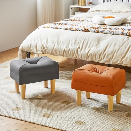 Small Footstool Ottoman, Faux Leather Footrest with Sponge Padded Seat Grey - Picture 6 of 8