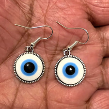 EVIL EYE Protector Charms Antique Silver Dangle Earrings.