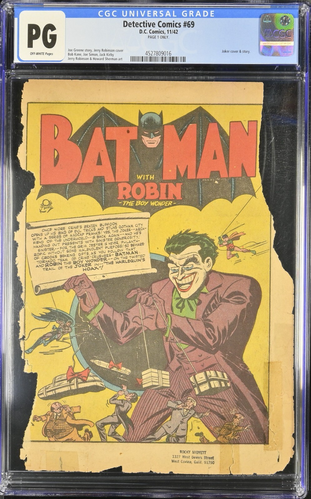 Detective Comics #69 DC 1942 CGC PG 1 Batman Classic Joker