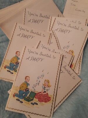 Vintage 1930's-40's 10,Paper Invitations Party, Record Player, Folded, 3009 USA 