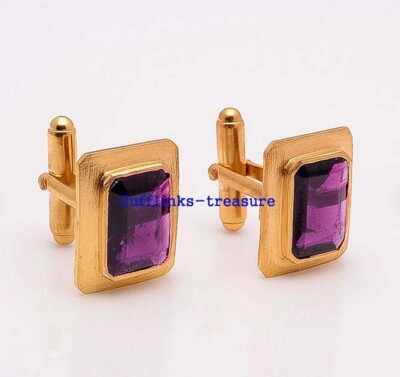 Natural Amethyst Stones Matte Finish 925 Sterling Silver Gold Plated Cufflinks #