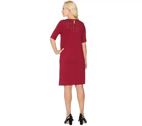 C Wonder NWOT Cranberry Red Ponte Knit Jeweled Neckline Shift Dress Sz 0 - Picture 2 of 5