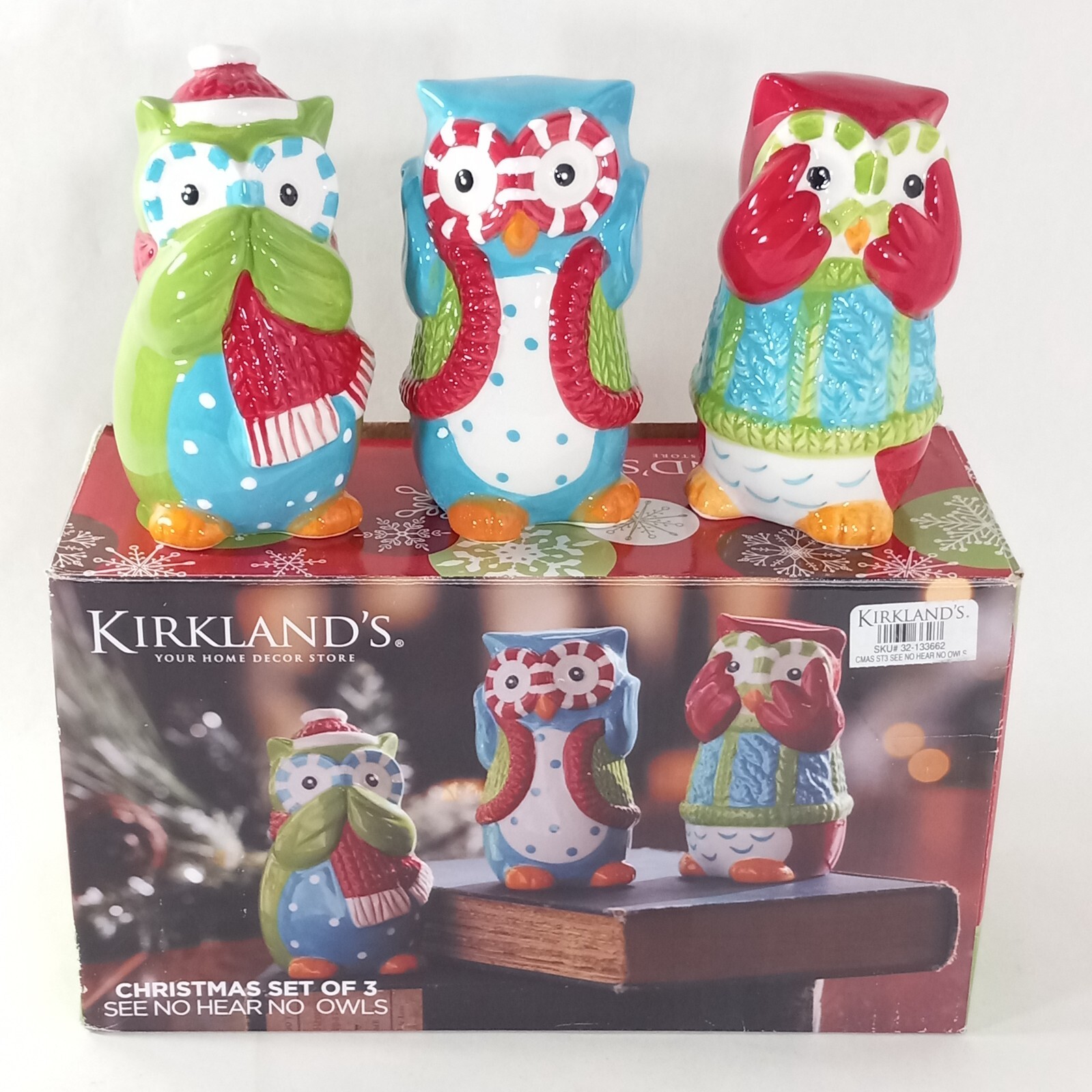 Kirklands Ceramic Owls 3pc Set Xmas Display See No Evil Hear No Speak