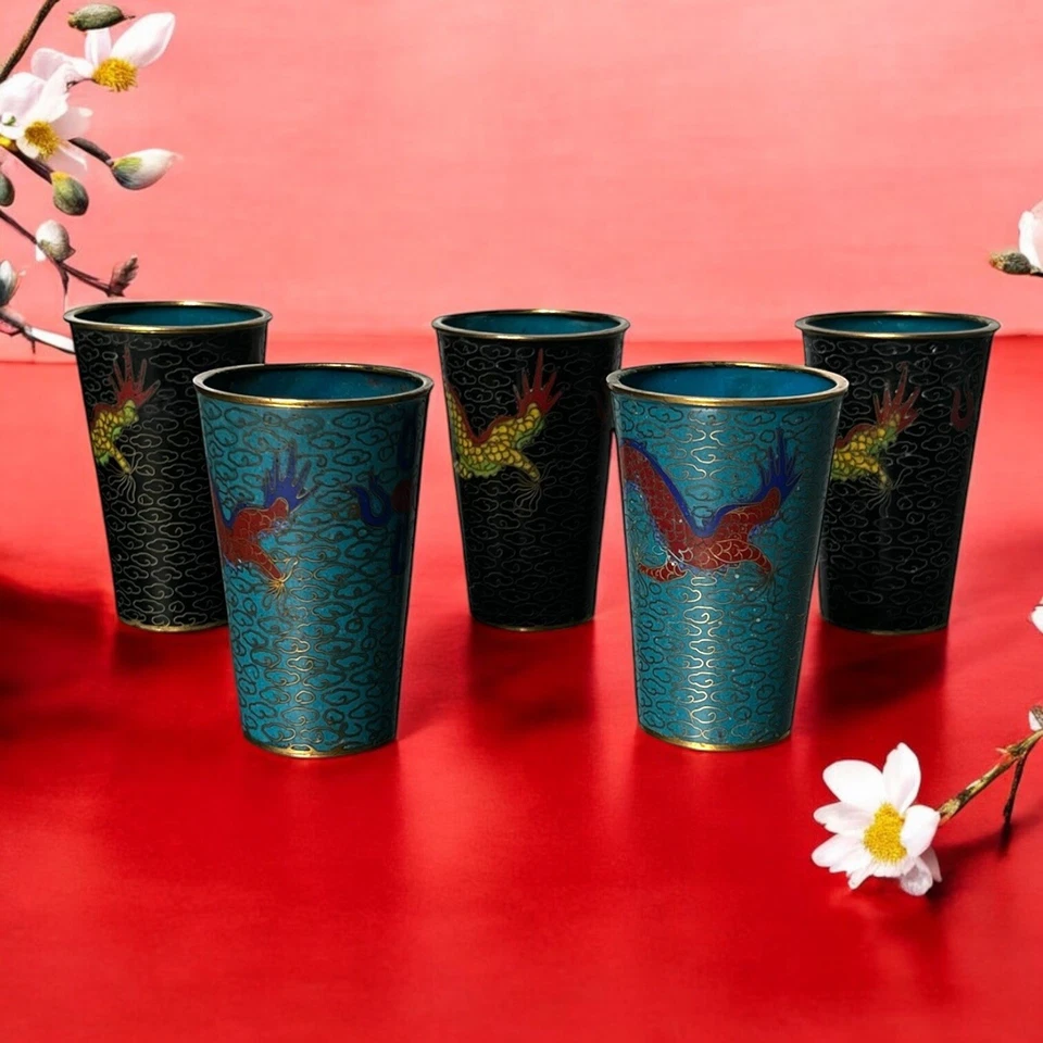 Vintage Chinese Cloisonne Cups Shot Glass Beakers Asian Dragons Lot of Five Qing - Image 3 of 4