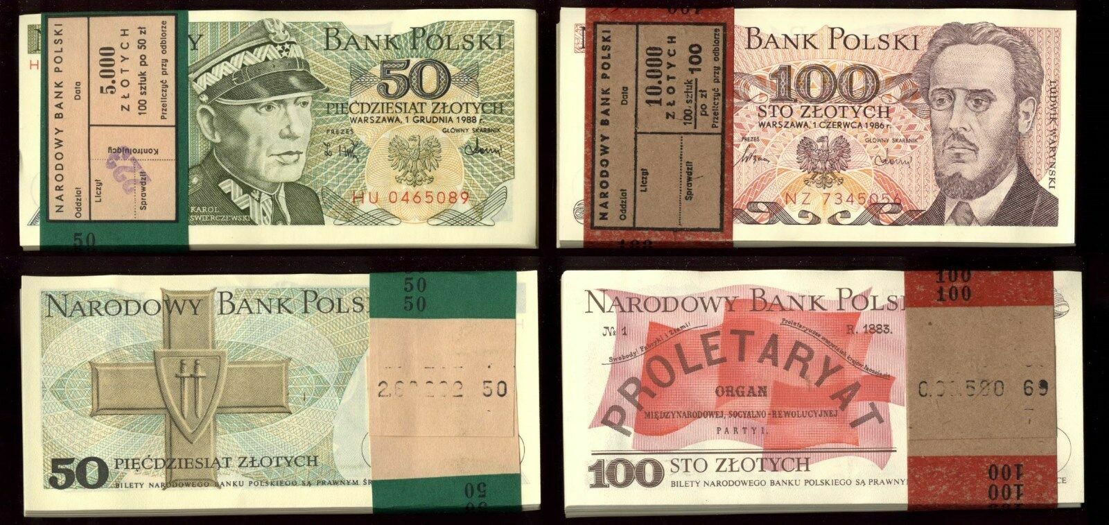 2 ORIGINAL BUNDLES POLAND: 50 Zloty & 100 Zloty 1988 + 1986, P 142c + 143e