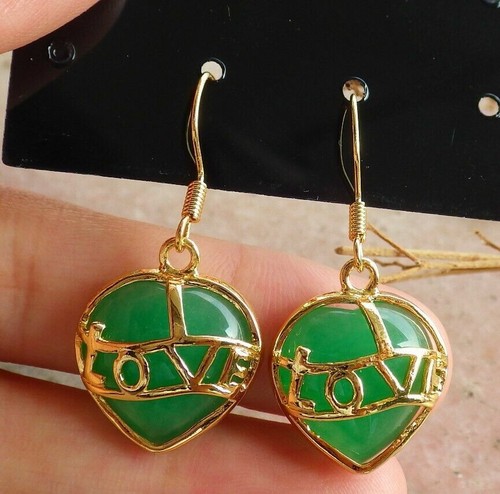 Genuine Green Jade Love Heart Yellow White Gold Plated Luck Hook Dangle Earrings - Picture 3 of 14