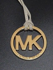 Michael Kors MK Logo 2 " Purse Charm Hang Tag Fob Gold Tone Beige Leather Cord