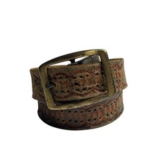 Vintage Brown Tan Leather Tooled Western Belt Brass Buckle Finish Fits Sz Small
