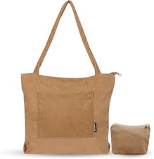 Corduroy Tote Bag with Makeup Bag – Large Multi-Compartment Handbag for Women