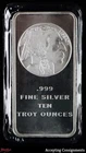 10 Troy OZ Ounces .999 Fine Silver Buffalo Head Bar