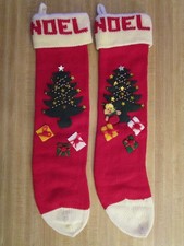 2 Knit Christmas Stockings NOEL w/ Tree Presents 25"L, 6"W