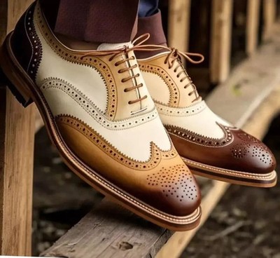 Handmade Brogue Brown ,Beige Leather Dress Wingtip Lace Up Brogue Oxford Shoes