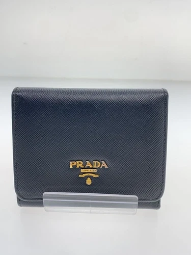Portefeuille PRADA Plié Saffiano Triple Cuir Noir Femme Occasion