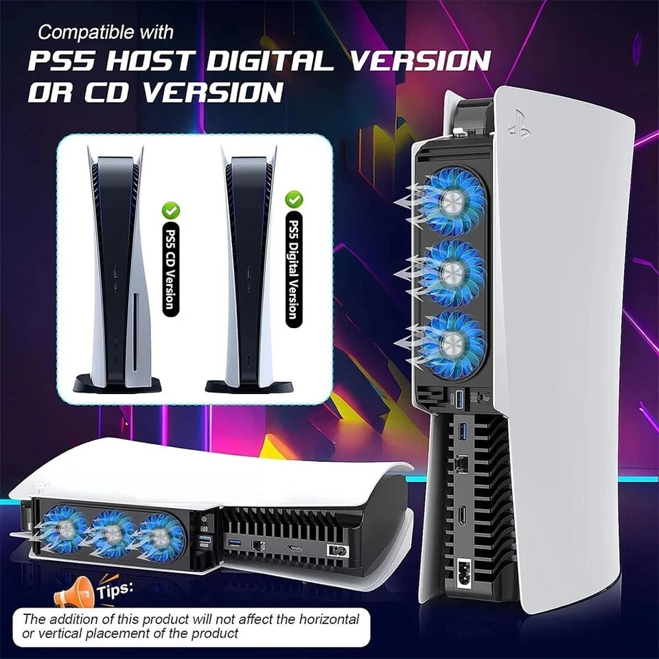 LED Cooling Fan for Playstation 5 PS5 Console, 2 Speed and USB 3.0 Port (White) - Image 2 of 3