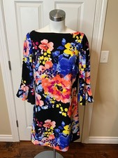 Tahari ASL Black Floral Bell Sleeve Shift Dress, Size 8