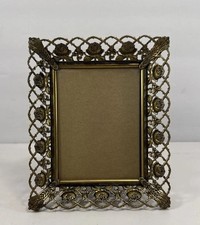 Vintage Ornate Gold-Tone Brass Photo Frame MCM Filigree Flowers Roses Easel