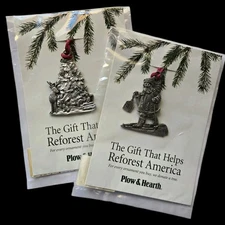 2 Plow & Hearth Pewter Christmas Ornaments Santa & Tree