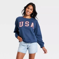 Women Americana Pullover Sweatshirt - Universal Thread Navy Blue Letters L
