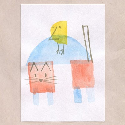 original painting ACEO art card blue orange abstract Watercolor Cat 23 Tim Olly