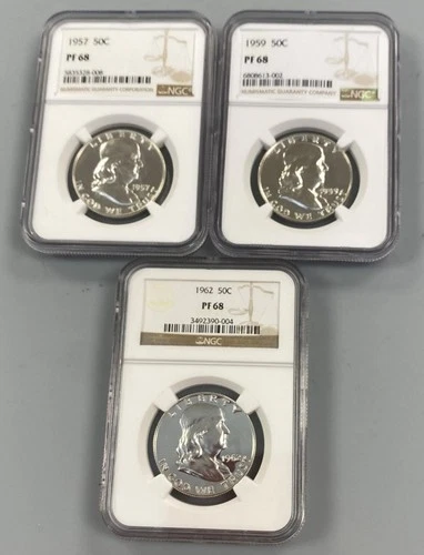 3 NGC PF68 US 90% Silver Proof Franklin 50c 1957 1959 1962 L22936