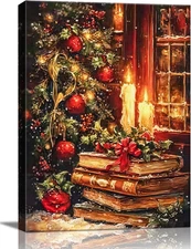 Vintage Christmas Wall Art Framed Canvas Print, Rustic Moody Bookshelf Still Lif