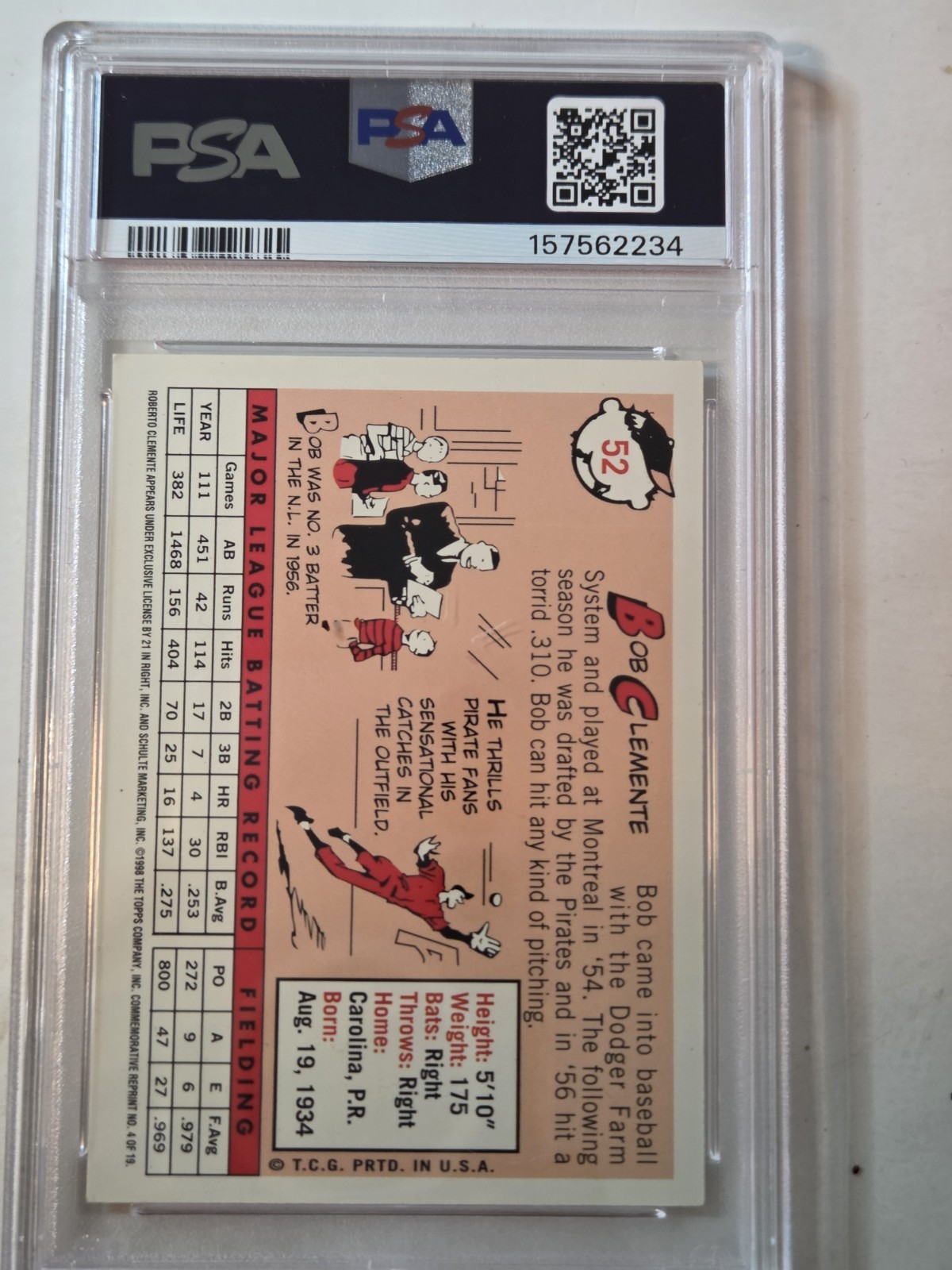 1998 Topps Clemente #4 1958 Topps Reprint PSA 5 Pittsburg Pirates view 6
