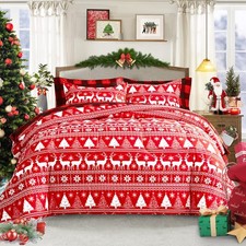 Christmas Bed in a Bag 7 Pieces King, Red White Snowflake n Deers Trees Desig...