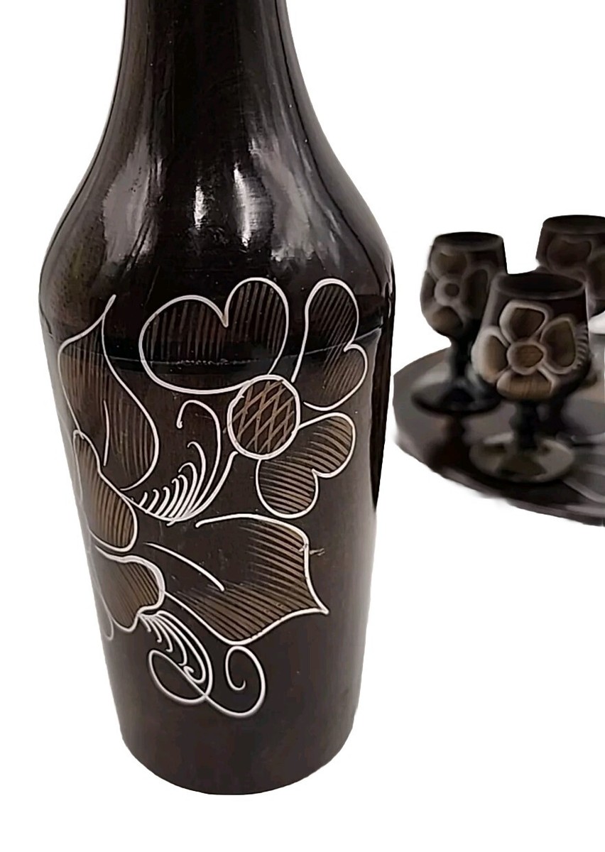 Vintage MCM Turned Wood Sake Hand Painted Decanter Set W/ Glasses