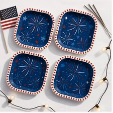 Set of 4 Patriotic Melamine Appetizer Plates 8" Red White Blue Fireworks Stars