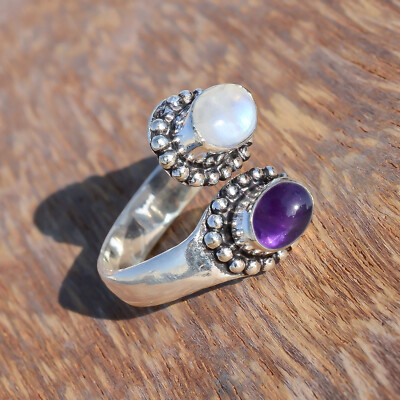 Moonstone Amethyst Gemstone 925 Sterling Silver Handmade Ring