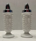 Vtg Milk Glass Salt & Pepper Shakers W/Grapes & Leaves Design Silver Tone Tops
