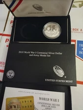 2018 W WWI U.S. Army Commemorative Silver Medal + Box, COA, no Silver dollar