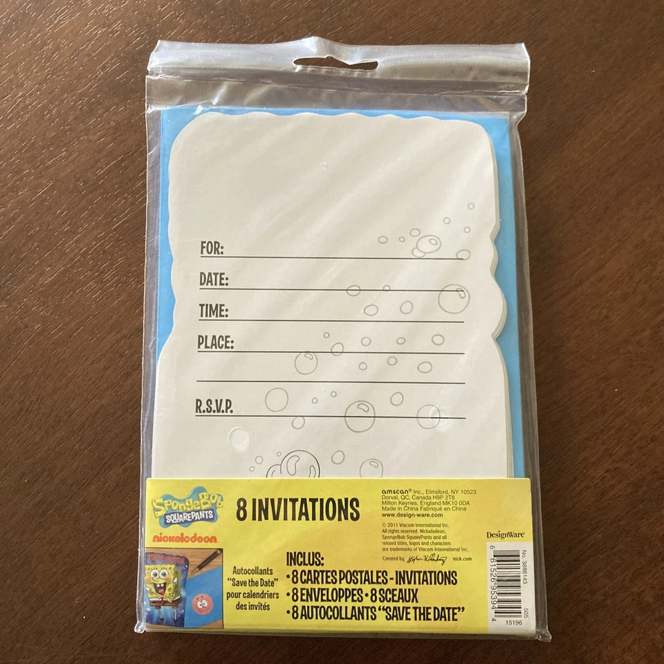 SpongeBob SquarePants Party Invitation Cards w/Envelopes & Seals 8pcs ~ NIP - Image 3 of 4