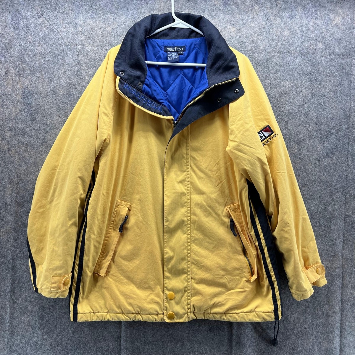 Nautica Jacket Men Large Parka Yellow Blue Lined Full Zip