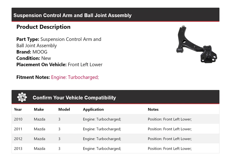 Рычаг управления передний левый нижний для Mazda 3 2010-2013 годов выпуска с турбонаддувом MOOG 2010 2011 годов выпуска - Изображение 2 из 4