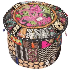 Handmade Bohemian Patchwork Black Ottoman Pouf Cover Seating Foot Stool 18 in