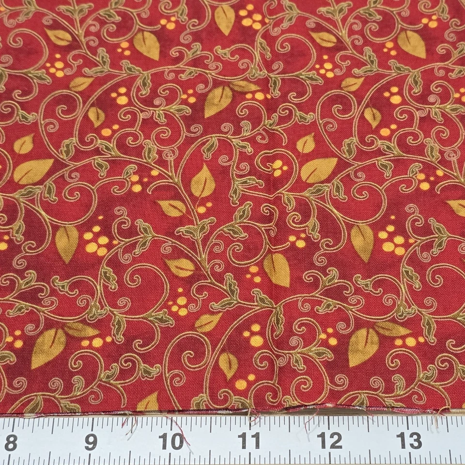 Cotton Fabric 18"x44" Nancy Maekawa Red Scroll Leaves Orange Holiday Blender - Image 2 of 4